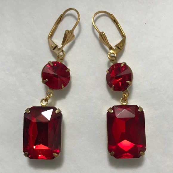 Tudors Anne Boleyn Gold & Double Ruby Renaissance Earrings, Handmade Replicas - Picture 9 of 14